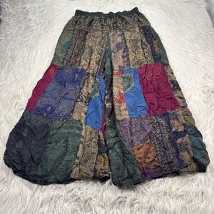 Unbranded Women's S M Patchwork Wide Leg Cropped Pant Gaucho Boho Artsy Festival
